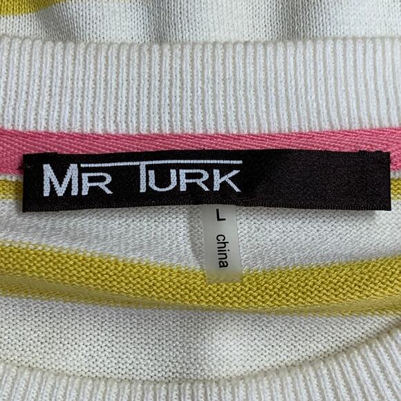 MR TURK Size L Yellow White Pink Flamingo Stripe Cotton Blend Crew Neck Pullover - Picture 5 of 6